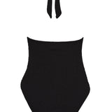 Flat lay detail of the black Haze halter swimsuit showing the neck tie fastening