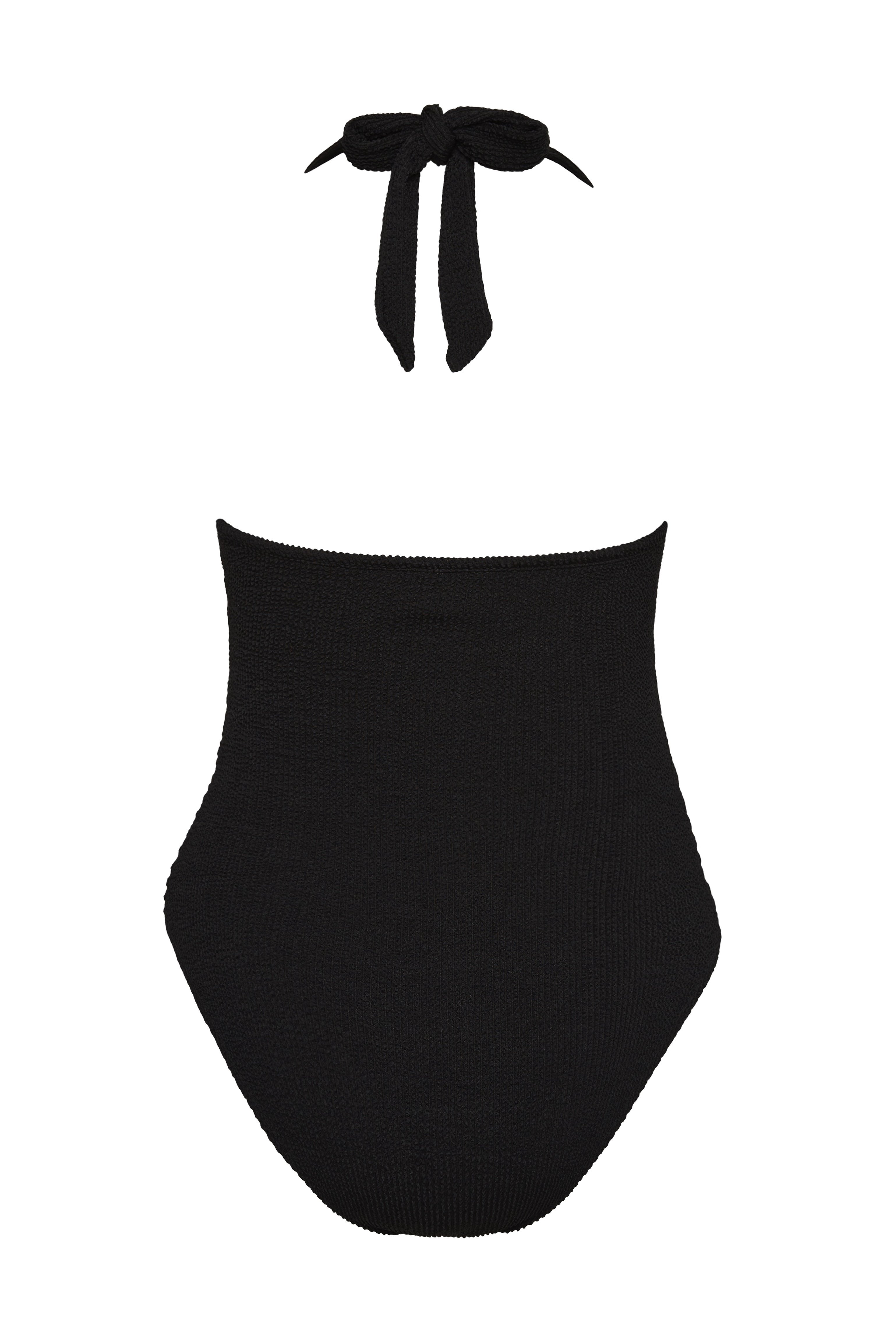 Flat lay detail of the black Haze halter swimsuit showing the neck tie fastening