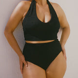 Black high-waisted, full coverage bikini bottom made from premium textured 5D fabric with power mesh lining to contour, sculpt and give superior support.