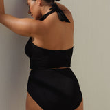 Black high-waisted, full coverage bikini bottom made from premium textured 5D fabric with power mesh lining to contour, sculpt and give superior support.