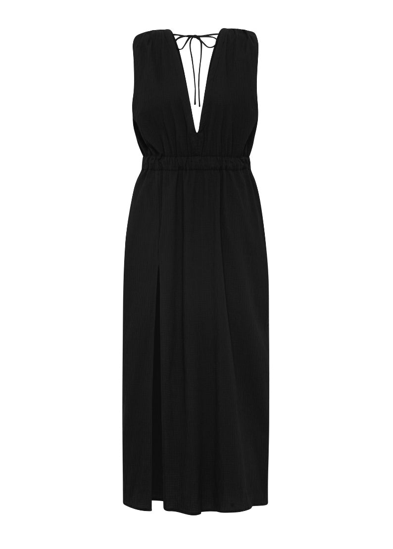 Bokumaia Agnes Maxi Dress Black with plunge neckline and fluid silhouette