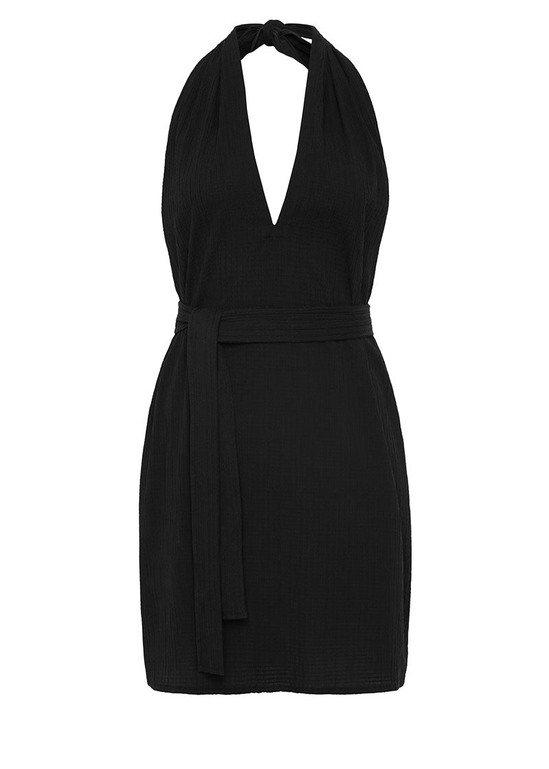 Bokumaia Behati Mini Dress in Black with halter neckline and textured cotton fabric