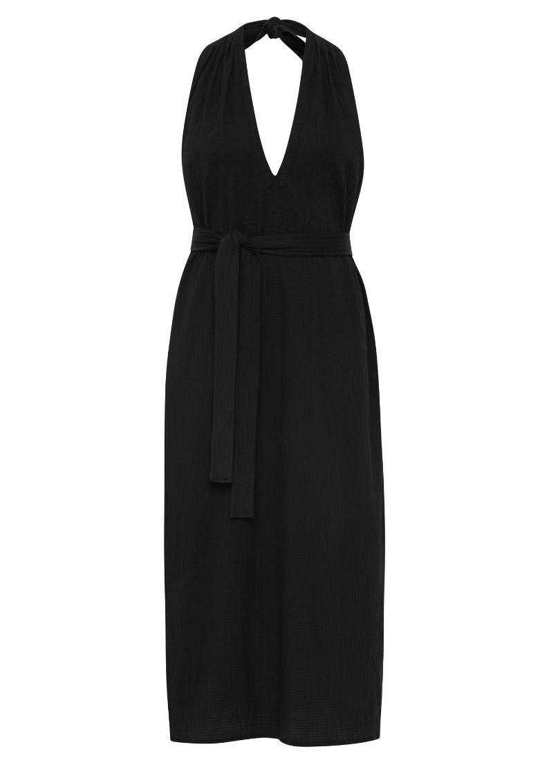 Bokumaia Bettina Midi Dress Black halter neck silhouette in textured cotton