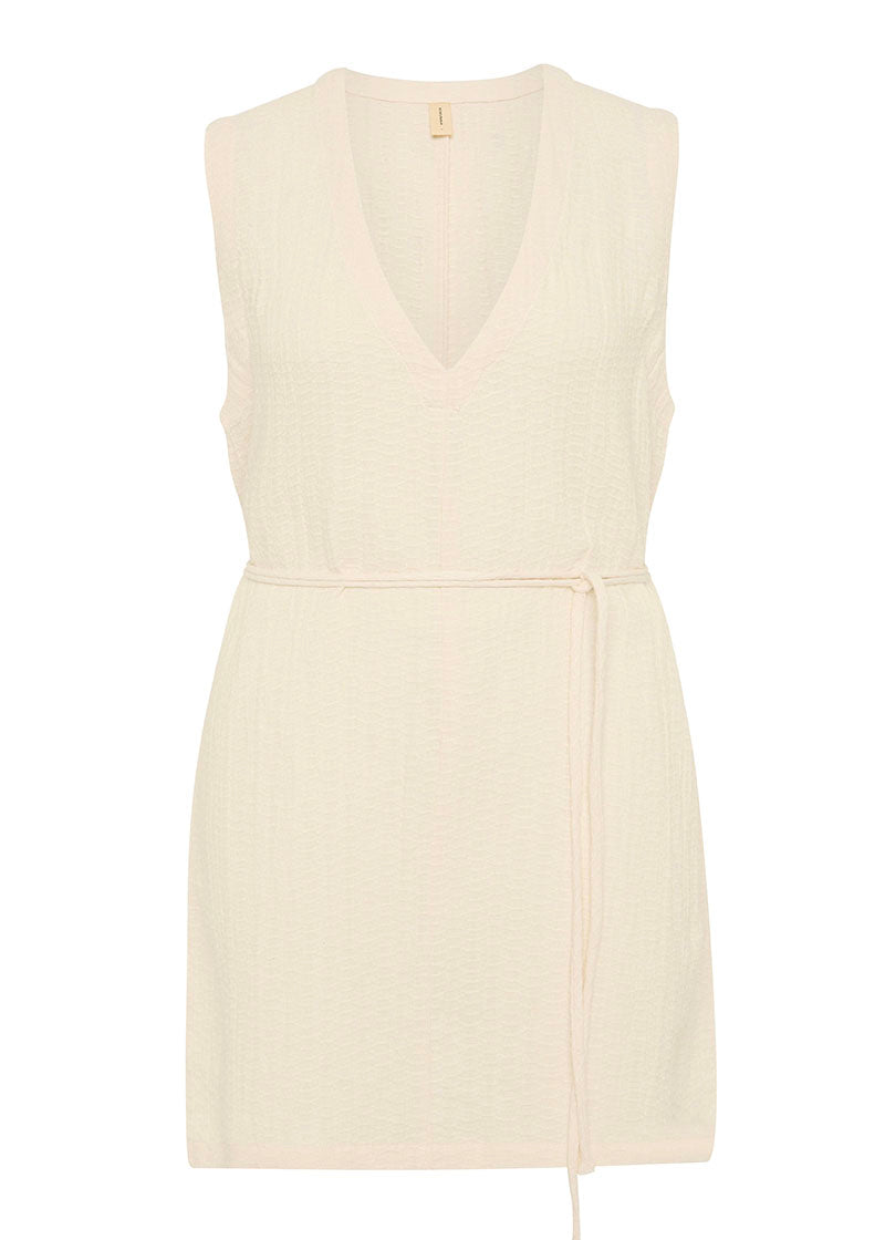 Bokumaia Blanca Mini Dress in Ecru with v-neckline and removable waist tie