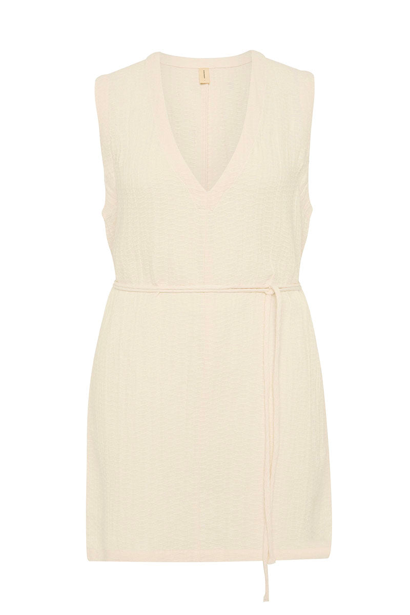 Bokumaia Blanca Mini Dress in Ecru with v-neckline and removable waist tie
