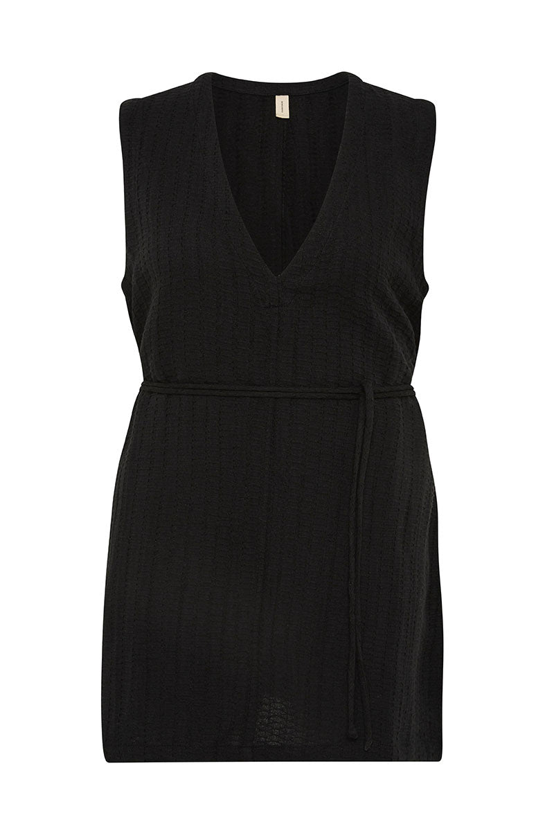 Bokumaia Blanca Mini Dress Black v-neck sleeveless shift dress in textured linen