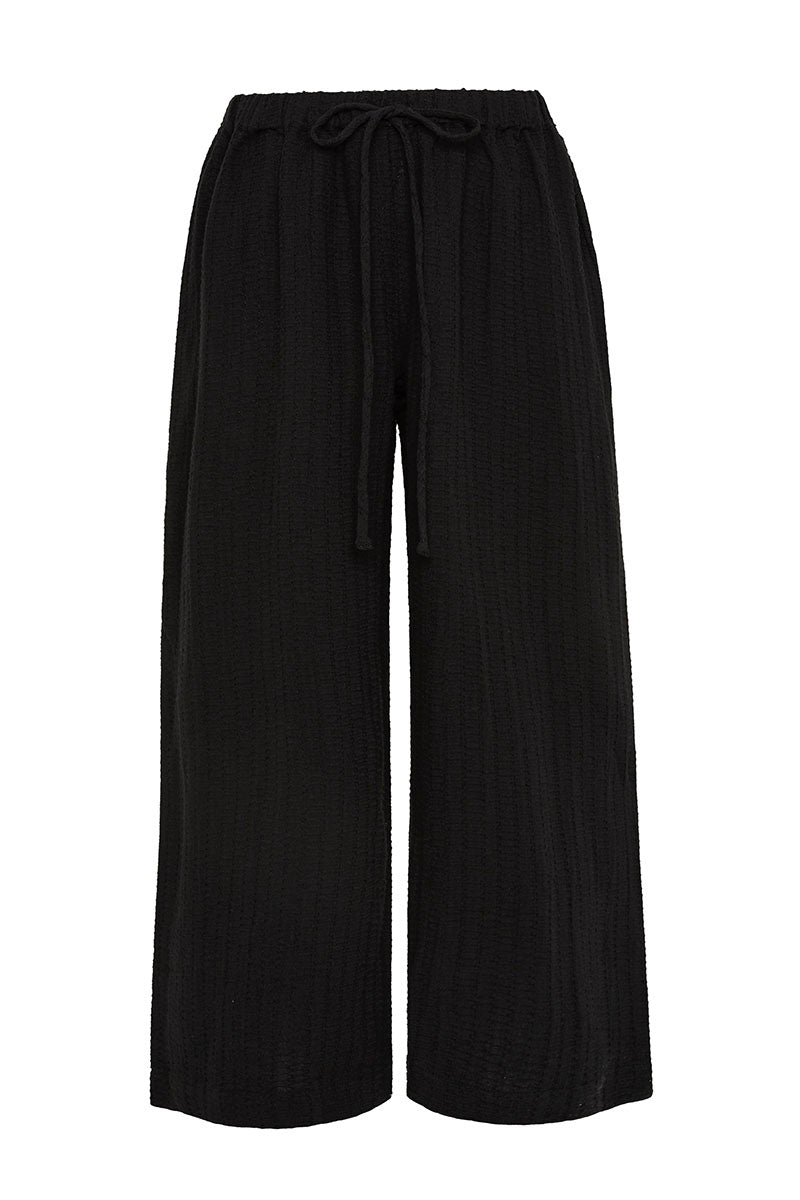 Bokumaia Echo Pant Black wide-leg textured linen pant with drawstring waist