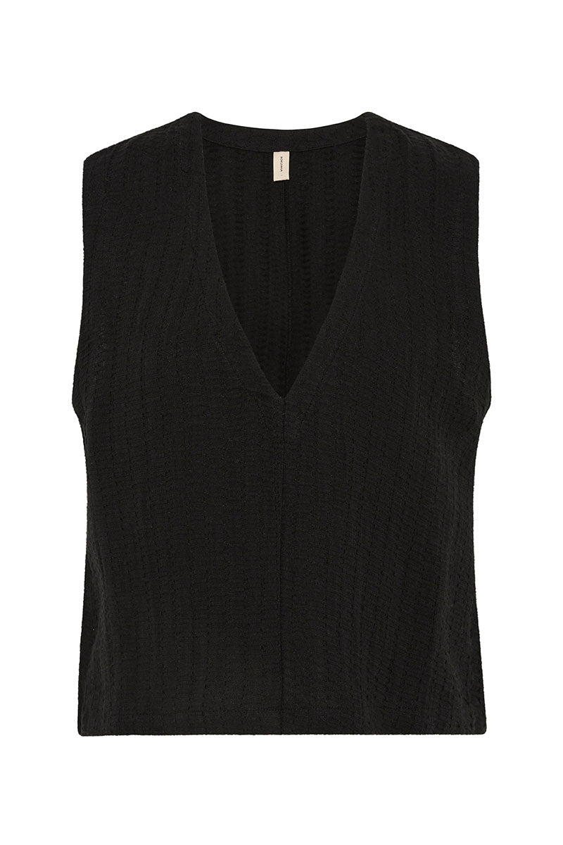 Bokumaia Echo Tank Black sleeveless v-neck in textured linen