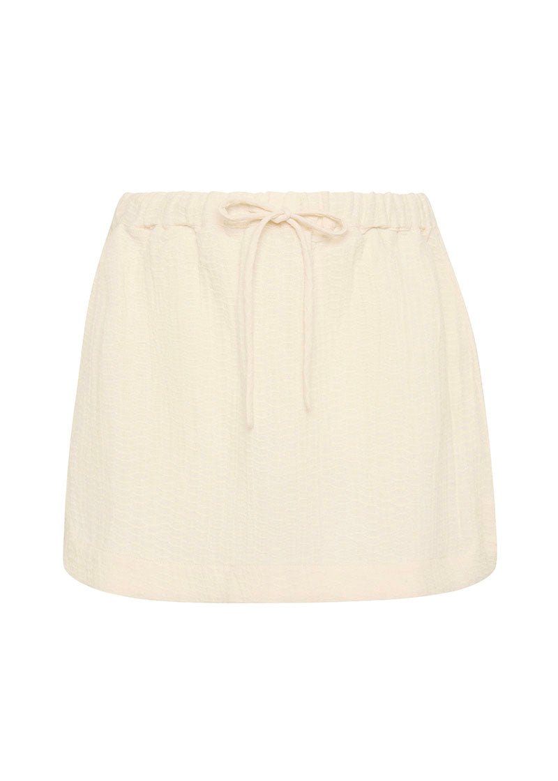 Bokumaia Sahara Mini Skirt Ecru mid-rise linen mini with drawstring waist