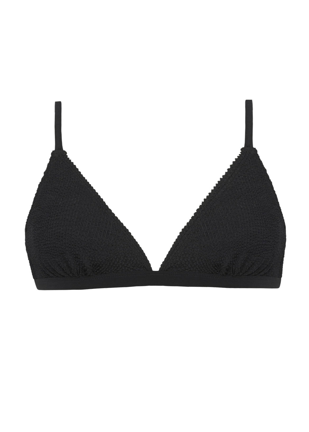 Black textured triangle bralette bikini top with side coverage adjustable straps shown on a plain background.