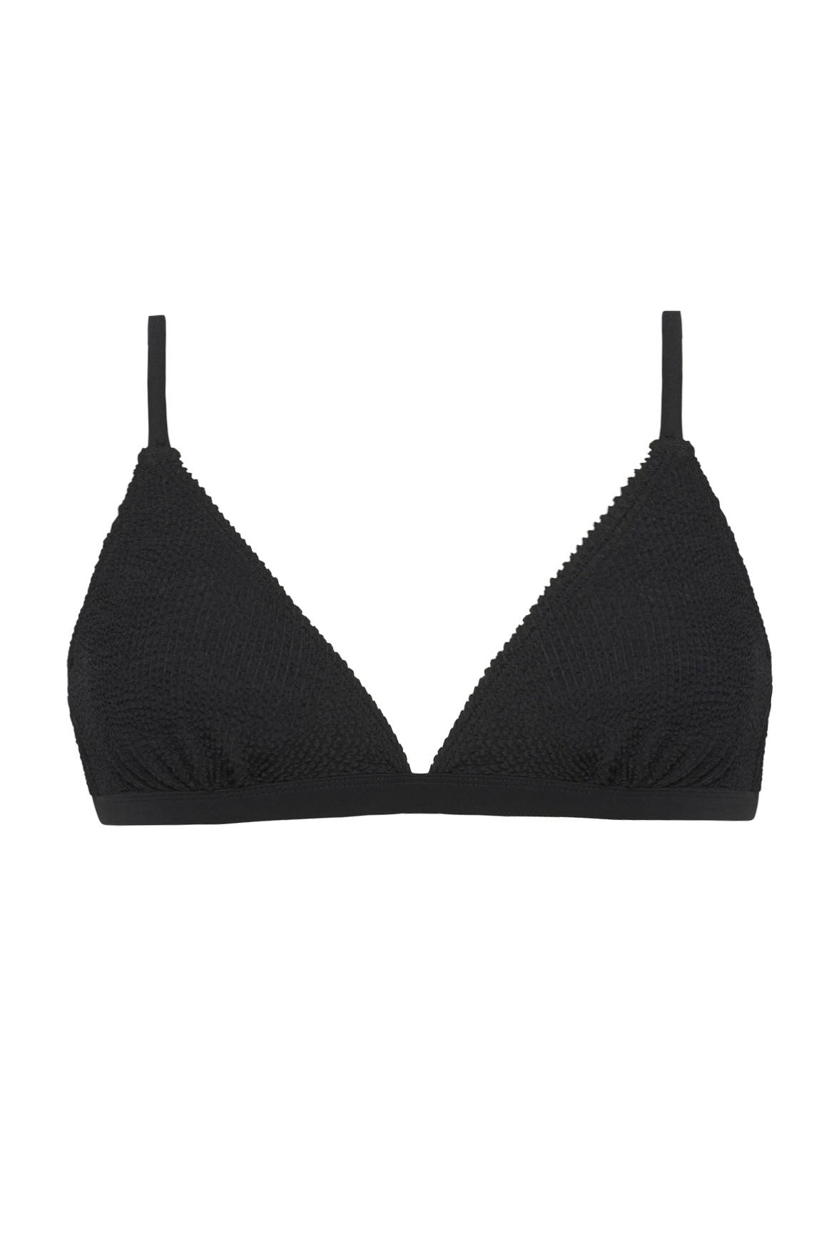 Black textured triangle bralette bikini top with side coverage adjustable straps shown on a plain background.