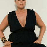 Bree McCann wears Bokumaia Agnes Maxi Dress Black plunge neckline and ruched waist