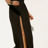 Agnes Maxi Dress Black featuring front split and ruched waist in textured cotton
