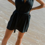 Behati Mini Dress Black with relaxed fit and removable waist tie in textured cotton