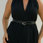 Bettina Midi Dress Black halter neck plunge neckline and belted waist detail