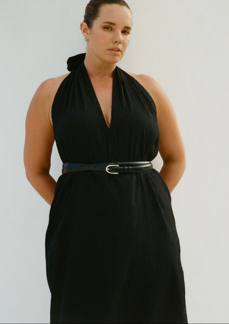 Bettina Midi Dress Black halter neck plunge neckline and belted waist detail