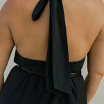 Back view of Bettina Midi Dress Black with open back and long halter tie