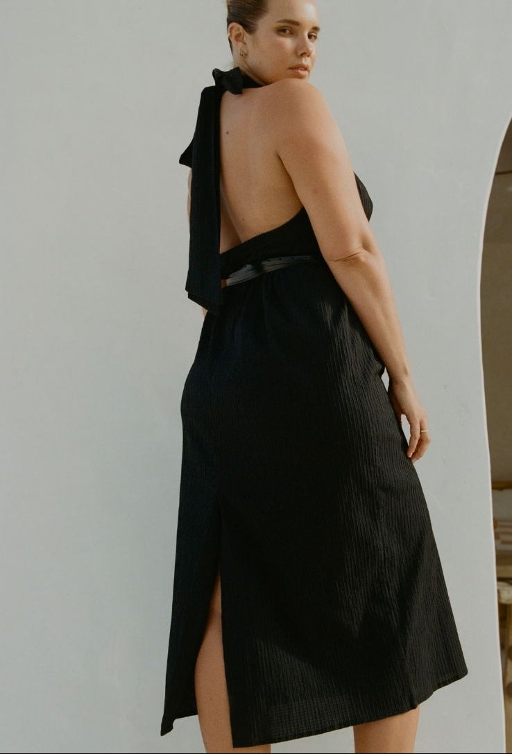 Bettina Midi Dress Black showing open back and side split hem