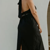 Bettina Midi Dress Black showing open back and side split hem