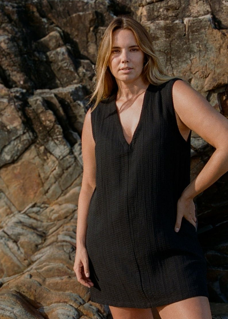 Blanca Mini Dress Black minimalist v-neck shift in textured linen blend