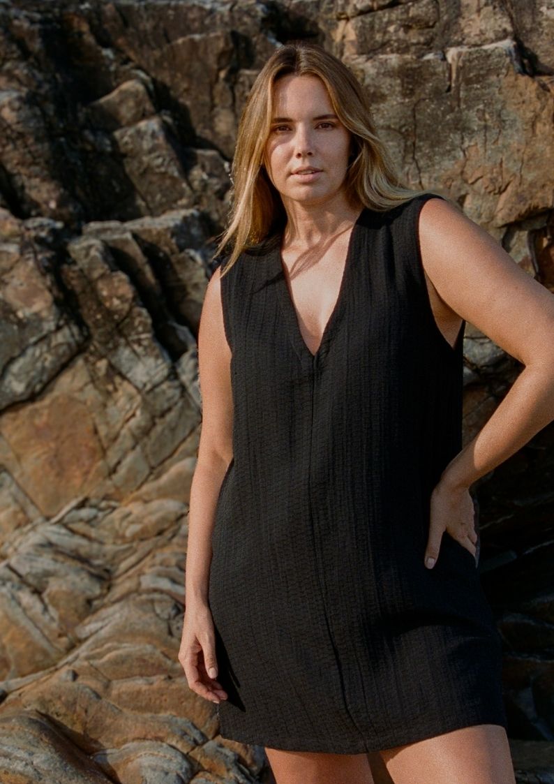 Blanca Mini Dress Black minimalist v-neck shift in textured linen blend