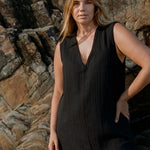 Blanca Mini Dress Black minimalist v-neck shift in textured linen blend