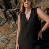 Blanca Mini Dress Black minimalist v-neck shift in textured linen blend