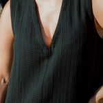 Close-up of Blanca Mini Dress Black v-neckline in mid-weight textured linen