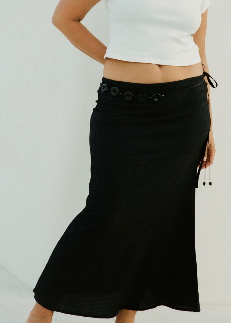 Dahlia Midi Skirt Black styled for beach to bar summer wear