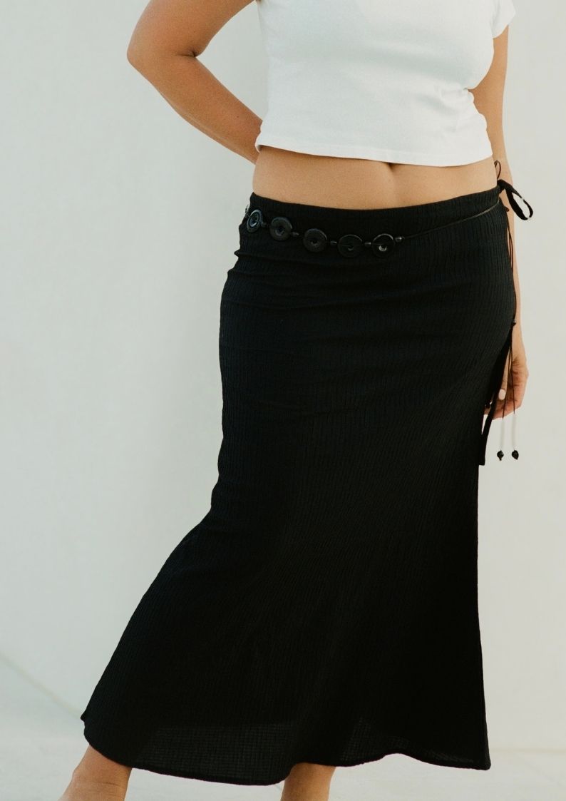 Dahlia Midi Skirt Black styled for beach to bar summer wear