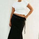 Dahlia Midi Skirt Black with minimal, flattering cut and side tie waist