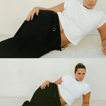 Bree McCann wears Dahlia Midi Skirt Black styled with white tee, textured cotton midi silhouette