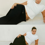 Bree McCann wears Dahlia Midi Skirt Black styled with white tee, textured cotton midi silhouette