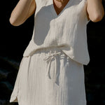 Bokumaia Echo Tank Ecru styled with Sahara Skirt for coastal summer wear