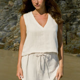 Sahara Mini Skirt Ecru styled for casual coastal dressing in linen blend